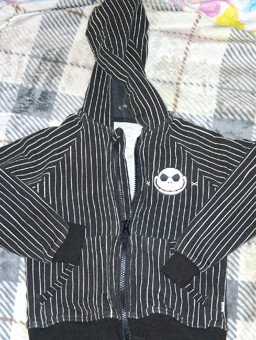 Disney Black and White Pinstripe Hoodie with Skull Patch